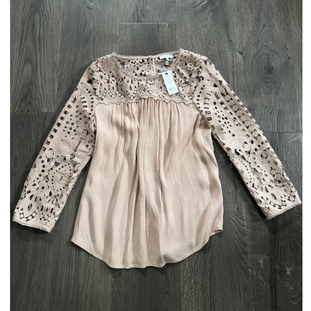 Joie Lindy Blouse Top XS Almond Pink Rayon Lace Eyelet Long Sleeve‎ NWT